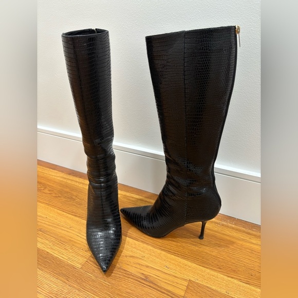 070. Jimmy Choo Black Snake Embossed Leather Heeled Boots - Picture 2 of 10